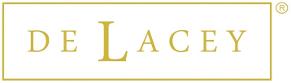 de Lacey logo in gold writing on white background with gold border